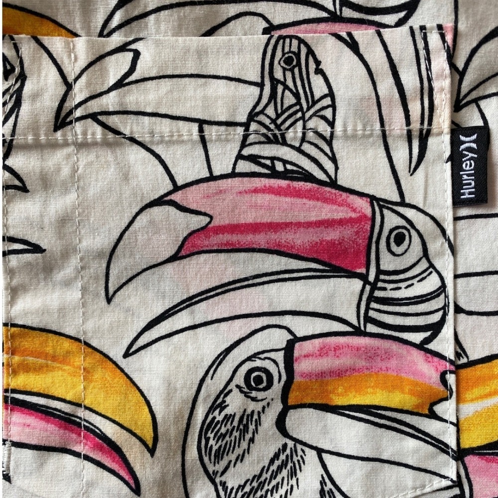 Hurley Mens Toucan Print Short Sleeve Button Down Shirt White Pink Large - Picture 3 of 9